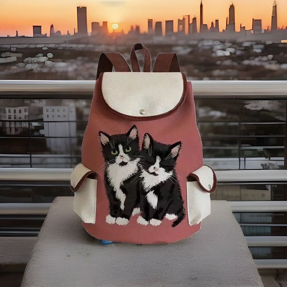 Tuxedo Cat Print Canvas Backpack Drawstring‎ School Bag Travel Daypack New